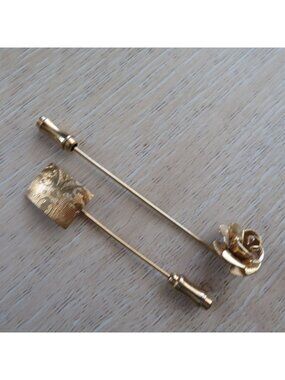 Gold-Tone Vintage 80s Lapel Stick Pins with Rose & Textured Rectangle Designs